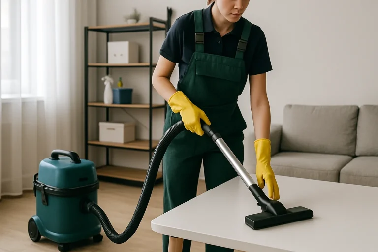 Équipe de nettoyage à Divonne-les-Bains utilisant des équipements professionnels dans un appartement.