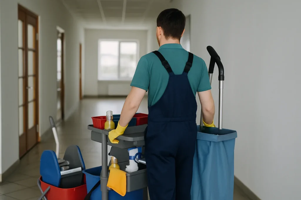 Professionnels du nettoyage en action dans un bureau à FAREINS, utilisant des produits de désinfection.