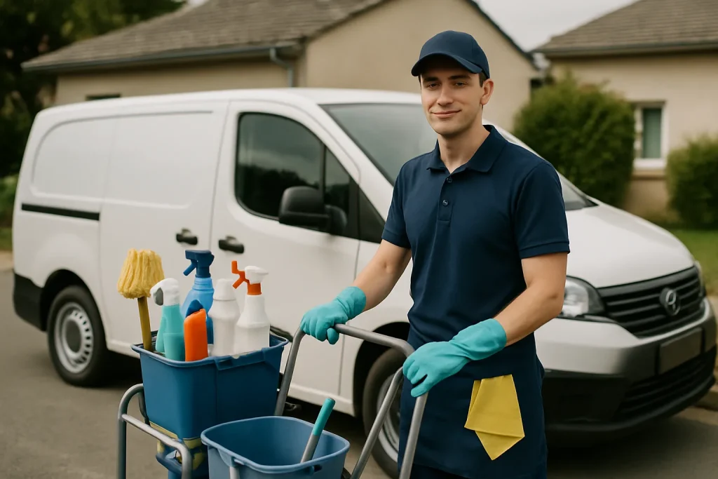 Équipe de nettoyage professionnelle dans un appartement à Thoiry avec des produits écologiques.