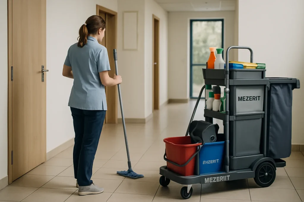Un professionnel du nettoyage dans un appartement à MEZERIAT, utilisant des équipements modernes.