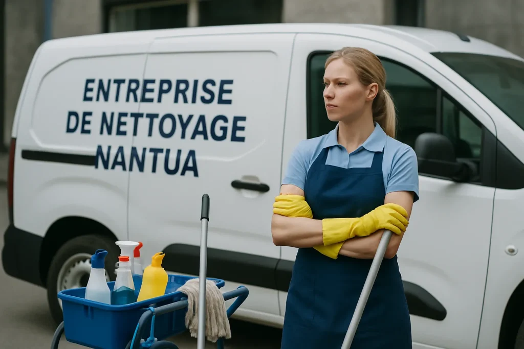 Un technicien de nettoyage réalise un service dans un bureau à Nantua, utilisant des équipements modernes.