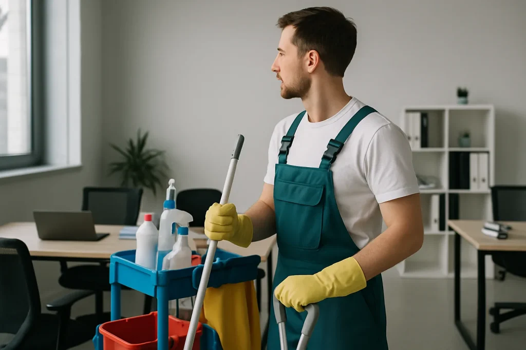 Technicien de nettoyage professionnel à Vonnas en train de nettoyer un appartement.