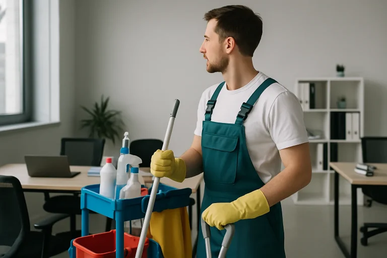 Technicien de nettoyage professionnel à Vonnas en train de nettoyer un appartement.