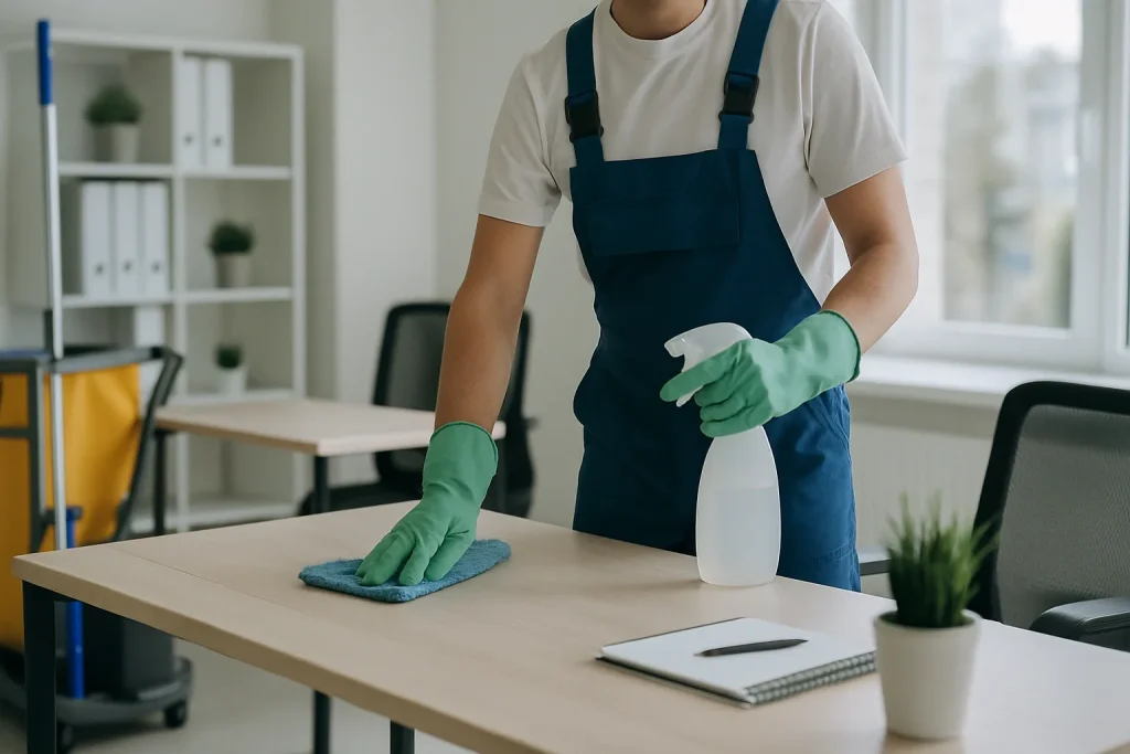 Équipe de nettoyage à Montrevel-en-Bresse utilisant des produits écologiques dans un appartement.