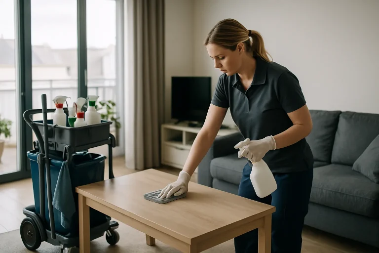 Une équipe de nettoyage nettoyant un appartement à Attignat avec des produits écologiques.