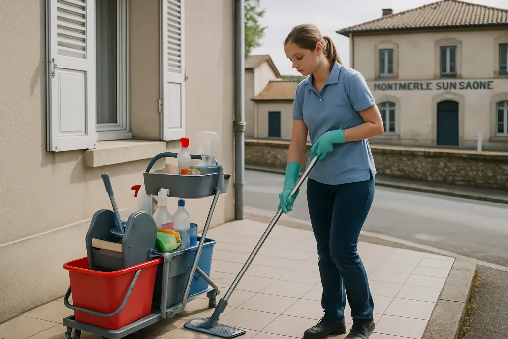 Équipe de nettoyage en intervention dans un appartement à Montmerle-sur-Saône, montrant des équipements modernes.