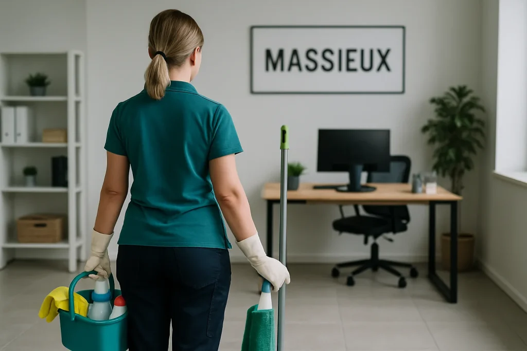 Professionnel du nettoyage dans un bureau à Massieux, utilisant du matériel moderne.