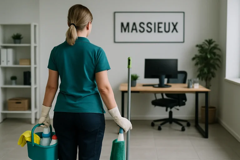 Professionnel du nettoyage dans un bureau à Massieux, utilisant du matériel moderne.