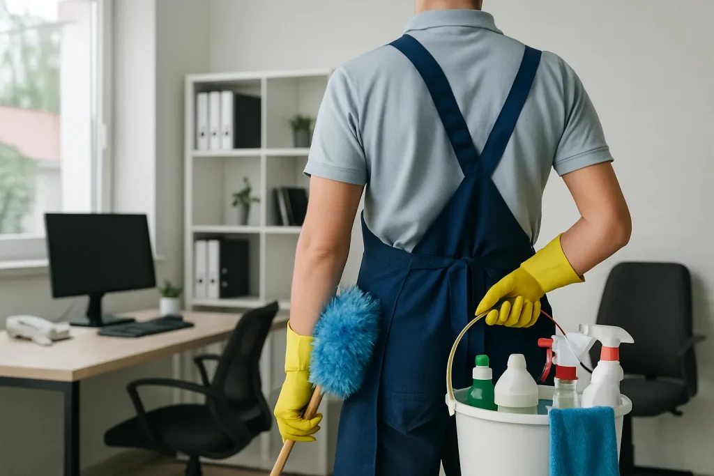 Un employé d'une entreprise de nettoyage nettoyant un bureau à BELLEY.