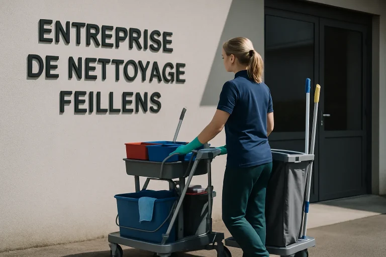 Un agent de nettoyage désinfectant un bureau moderne à Feillens.