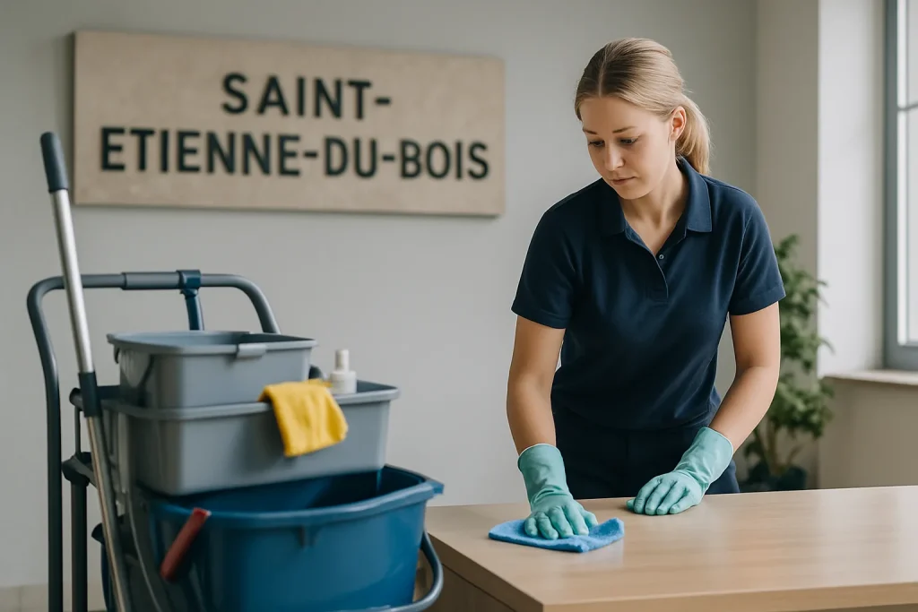Équipe de nettoyage professionnelle nettoyant un appartement à Saint-Etienne-du-Bois.