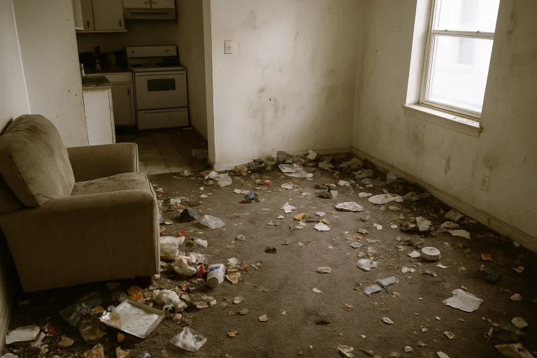Vue d'un appartement extrêmement sale avant le nettoyage, avec des débris au sol.