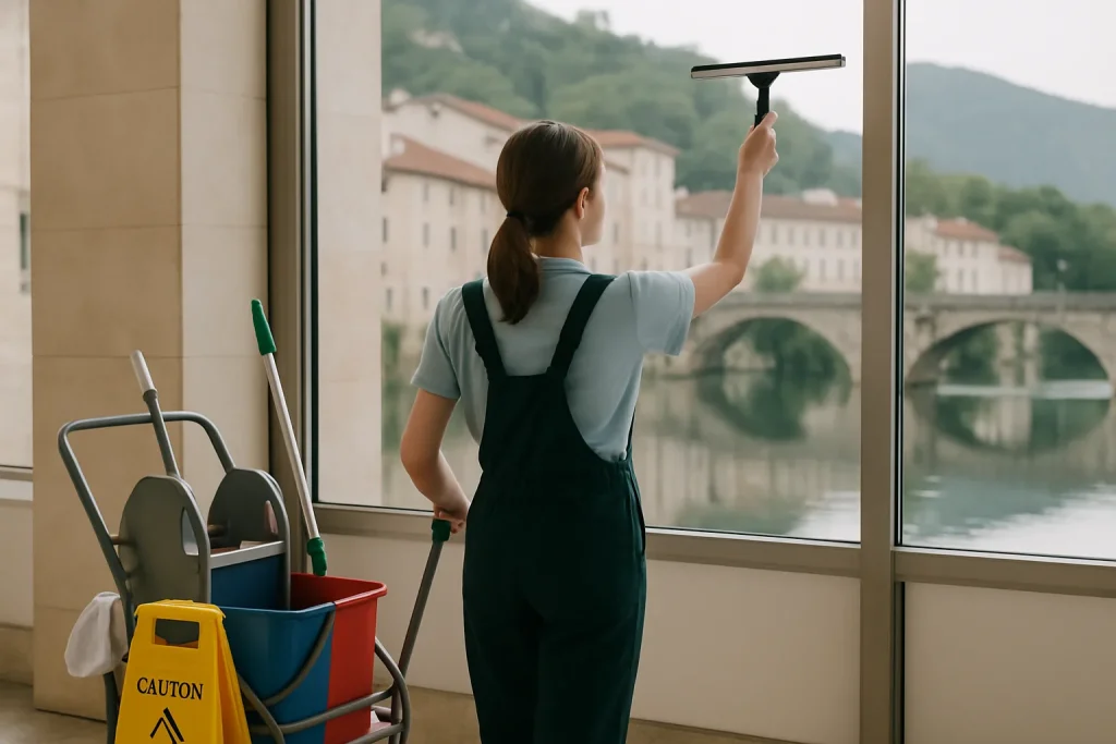 Équipe de nettoyage en action dans un bureau moderne à Saint-Rambert-en-Bugey, utilisant des équipements professionnels.