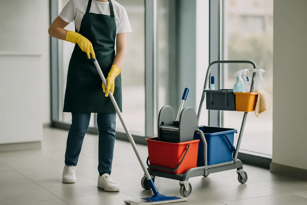 Une équipe de nettoyage à Gex utilisant des produits écologiques dans un appartement.