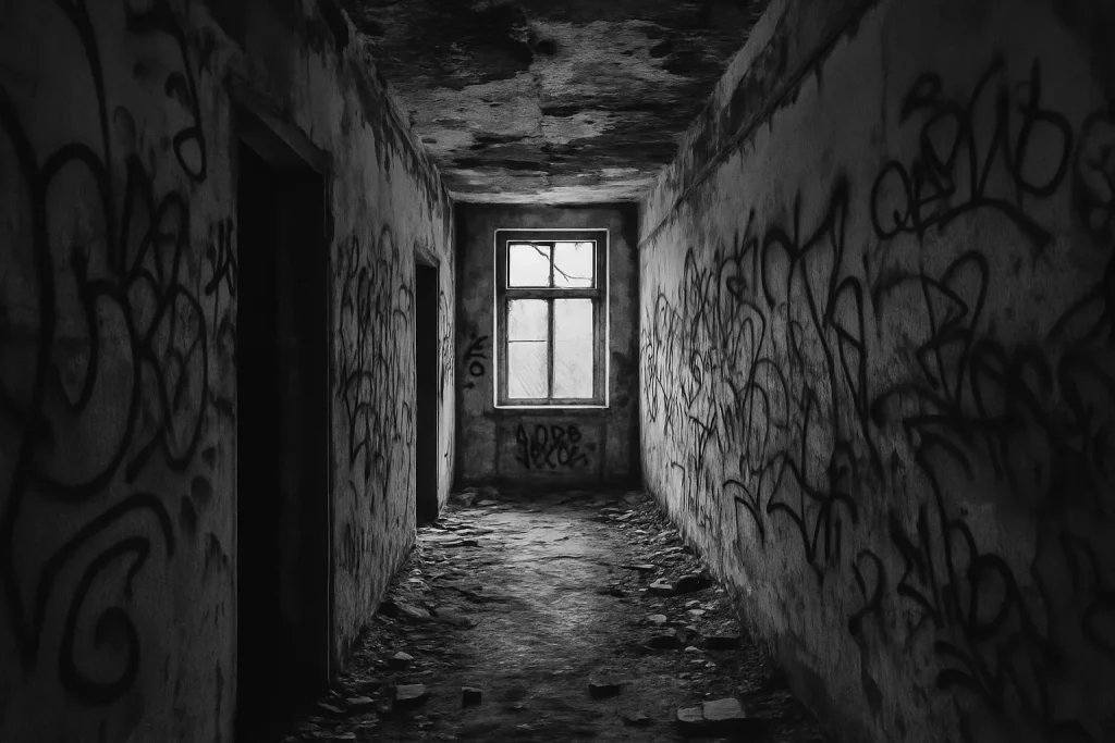 Couloir délabré avec graffiti, lumière du jour, ambiance de squat