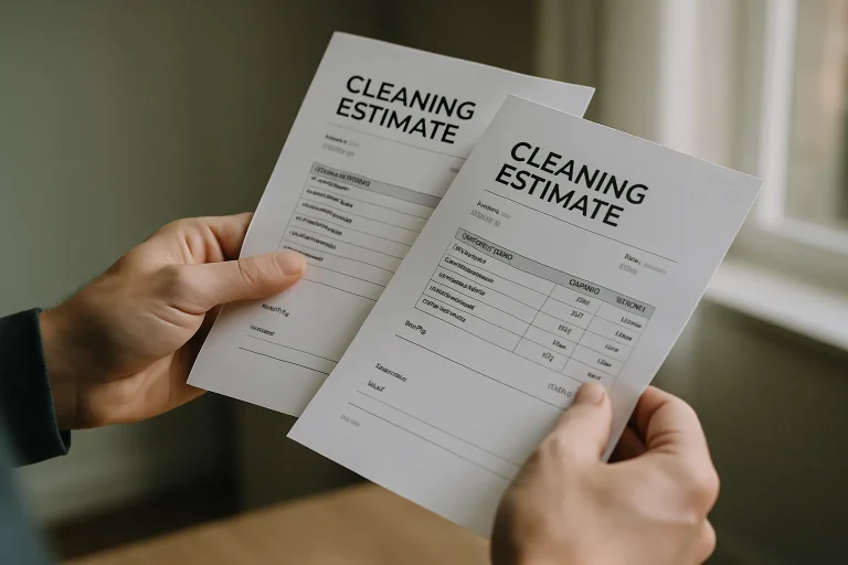 Deux mains tenant des devis de nettoyage extrême, fond intérieur flou.