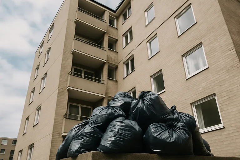 Des sacs de déchets empilés devant un bâtiment résidentiel en plein jour.