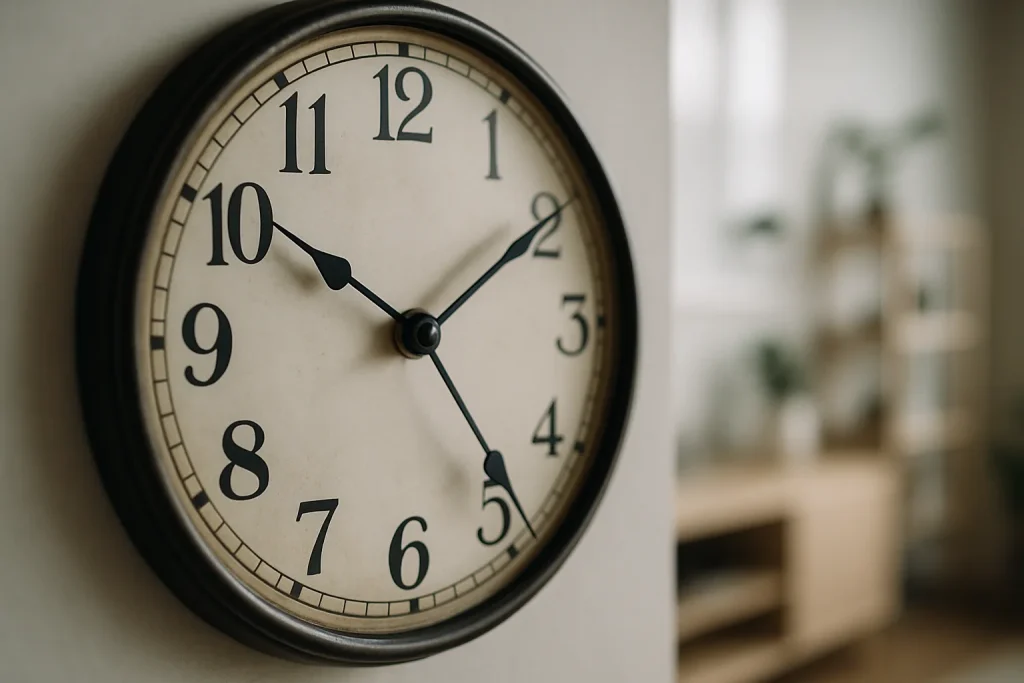 Gros plan d'une horloge indiquant le temps dans un intérieur moderne.