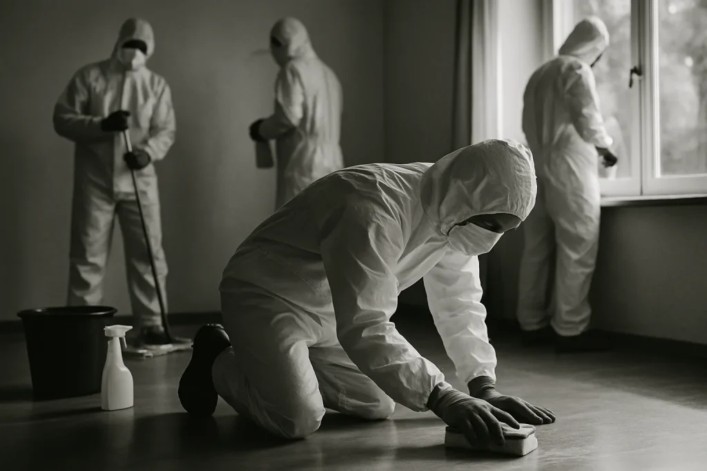 Équipe en combinaison de protection désinfectant une scène intérieure, lumière naturelle.