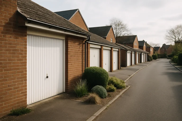 Rue résidentielle avec plusieurs garages en perspective, éclairage diurne.