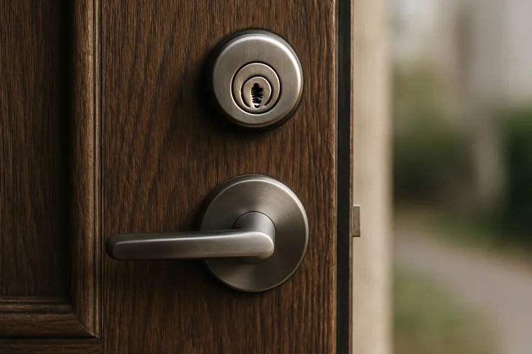 Gros plan sur une porte avec serrure, texture bois et métal visible.