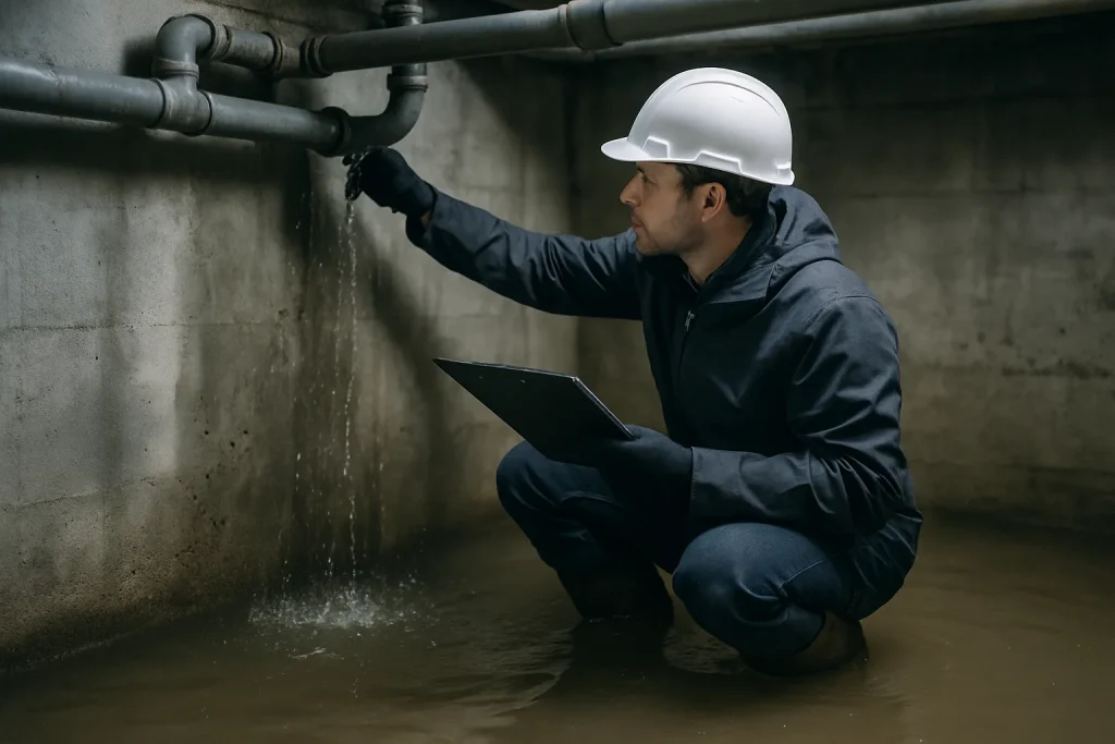 Technicien en train de vérifier des tuyaux dans un sous-sol inondé, lumière neutre