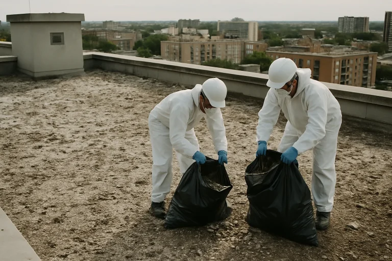 Travailleurs en combinaison nettoyant un toit d'immeuble couvert de fientes de pigeons en plein jour