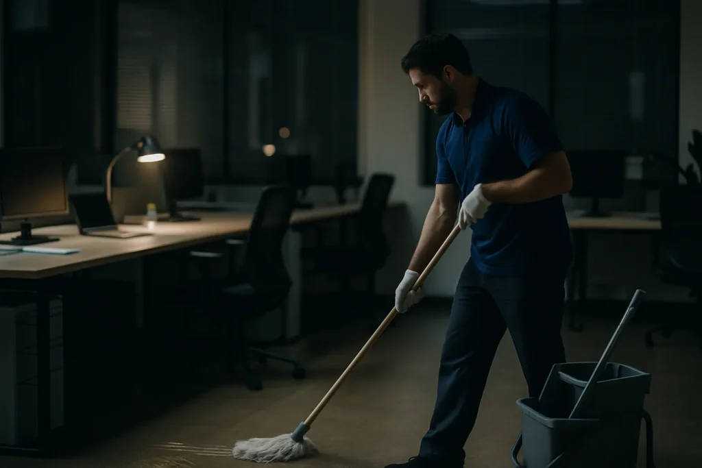 Agent de nettoyage travaillant dans un bureau vide la nuit, lumière tamisée.