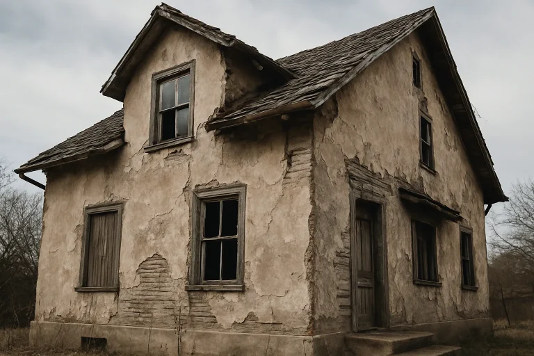 Façade d'une maison délabrée sous la lumière du jour, montrant des signes de dégradation