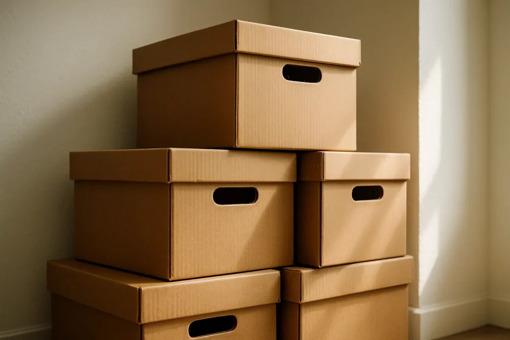 Pile de cartons de déménagement empilés dans une pièce, éclairée par une lumière naturelle douce
