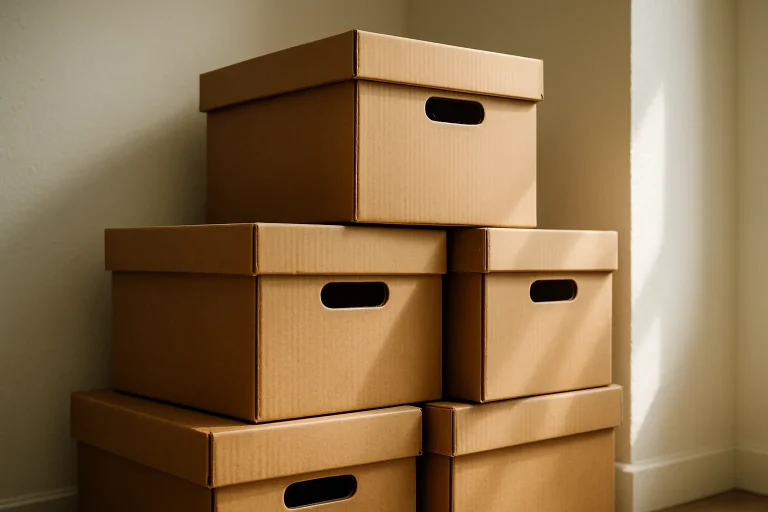 Pile de cartons de déménagement empilés dans une pièce, éclairée par une lumière naturelle douce