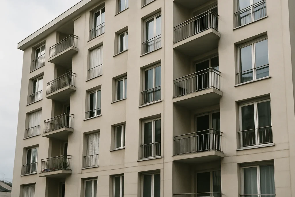 Vue d'extérieur d'un immeuble résidentiel avec fenêtres et balcons, lumière du jour