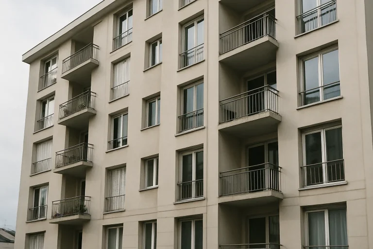 Vue d'extérieur d'un immeuble résidentiel avec fenêtres et balcons, lumière du jour
