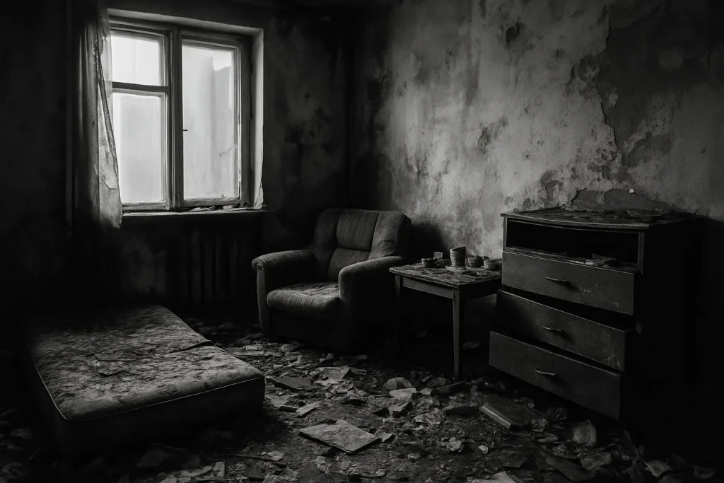 Appartement insalubre avec débris et meubles endommagés en noir et blanc.
