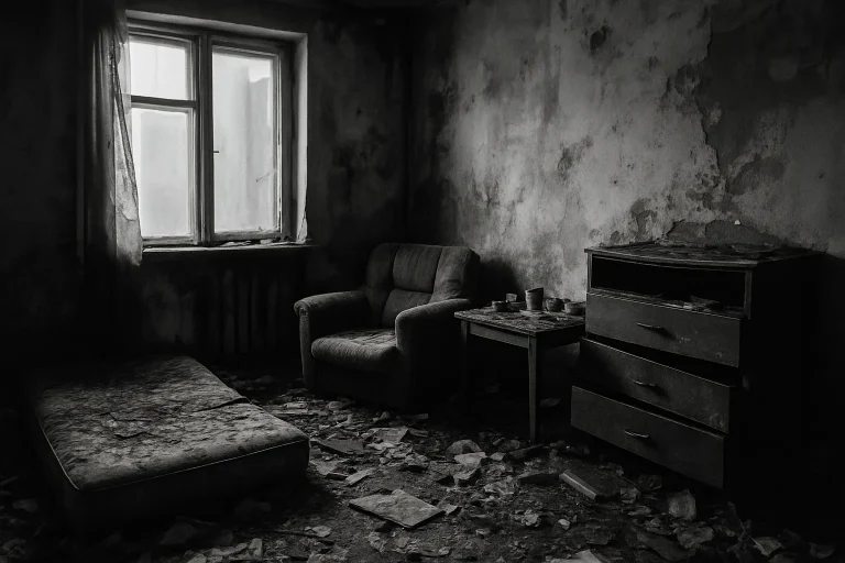 Appartement insalubre avec débris et meubles endommagés en noir et blanc.