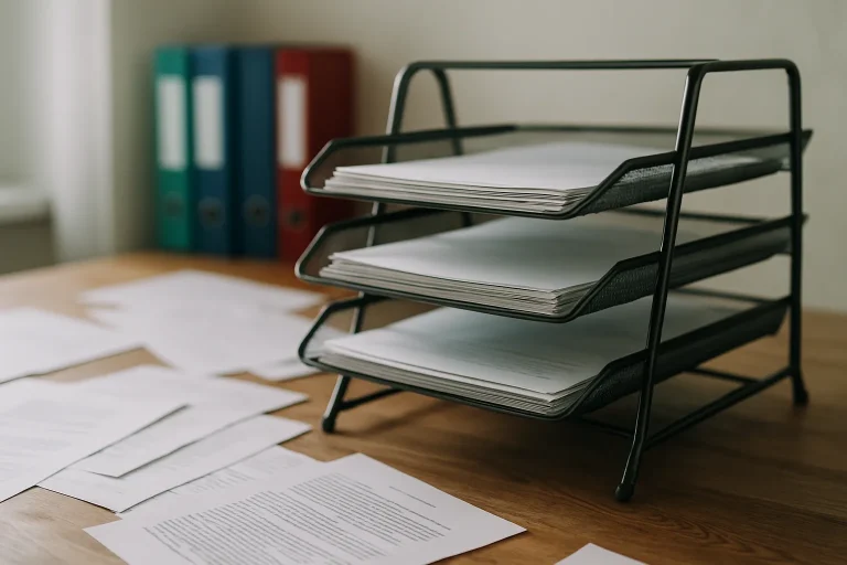 Gros plan sur un trieur de documents avec papiers et classeurs sur une table