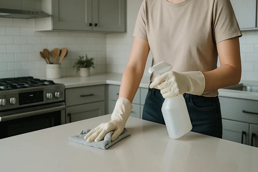 Agent de nettoyage dans une cuisine moderne avec lumière douce, nettoyant une surface.