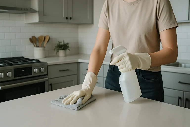 Agent de nettoyage dans une cuisine moderne avec lumière douce, nettoyant une surface.