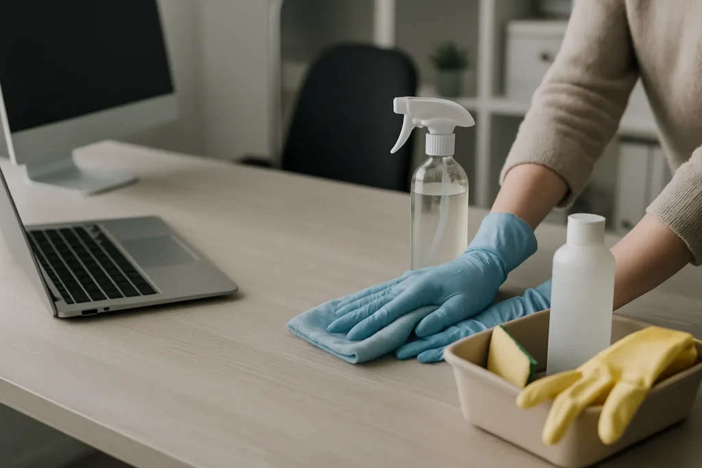 Mains avec gants nettoyant un bureau moderne, outils visibles, lumière neutre.