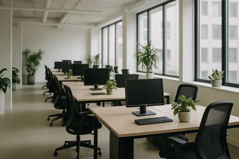Bureau moderne dans l'Ain avec lumière naturelle, bureaux et plantes.