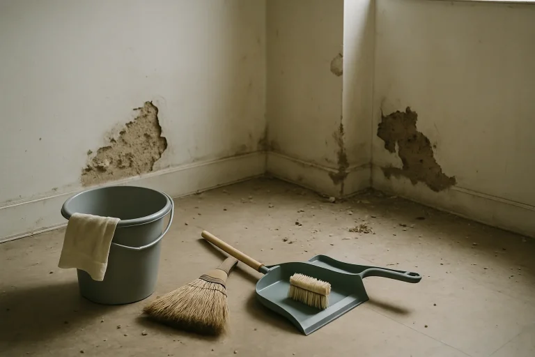 Intérieur d'une pièce avec des dégâts visibles causés par des rats, outils de nettoyage présents.