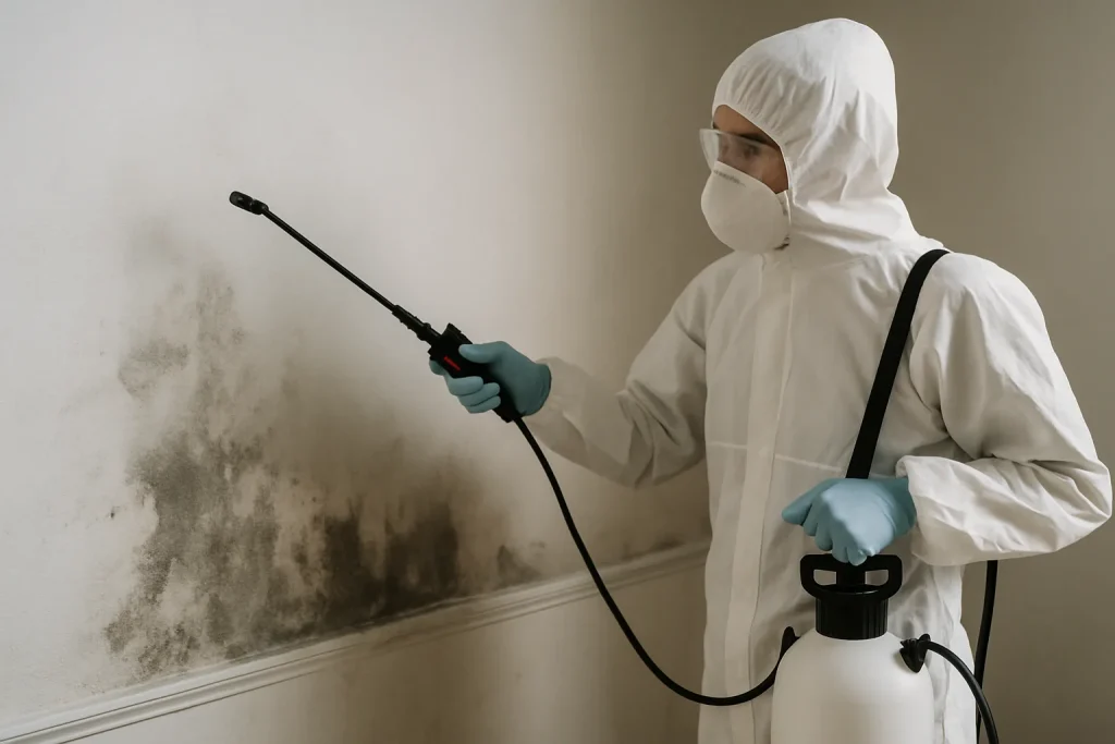 Agent de nettoyage en action avec équipement, traitant des dégâts sur un mur.
