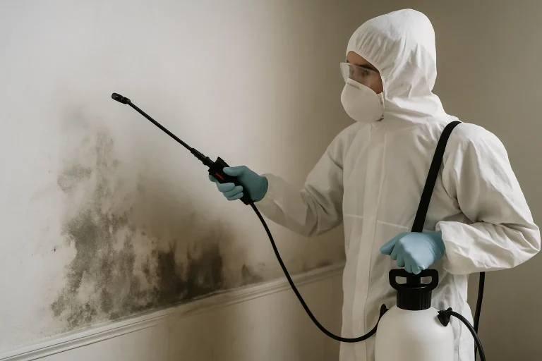 Agent de nettoyage en action avec équipement, traitant des dégâts sur un mur.