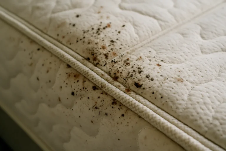 Gros plan d'un matelas avec traces de punaises de lit, montrant les coutures et taches.