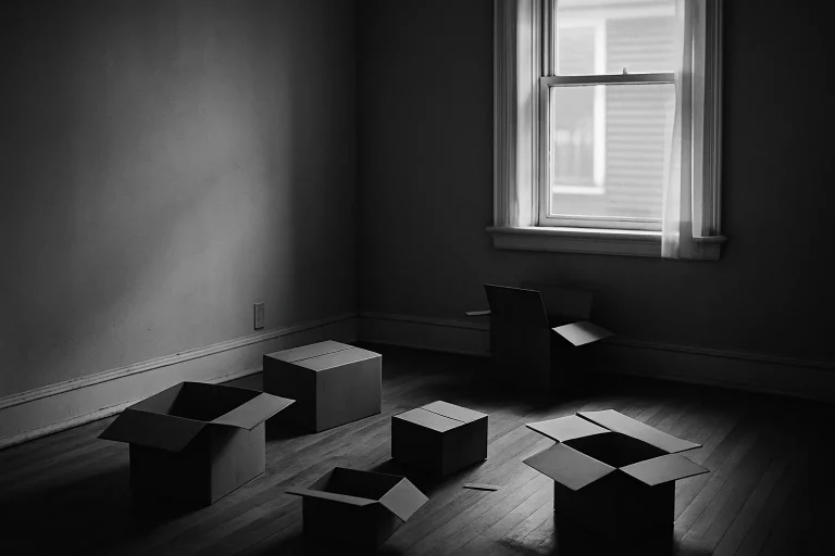 Appartement vide avec cartons éparpillés, lumière douce filtrant par fenêtre, noir et blanc