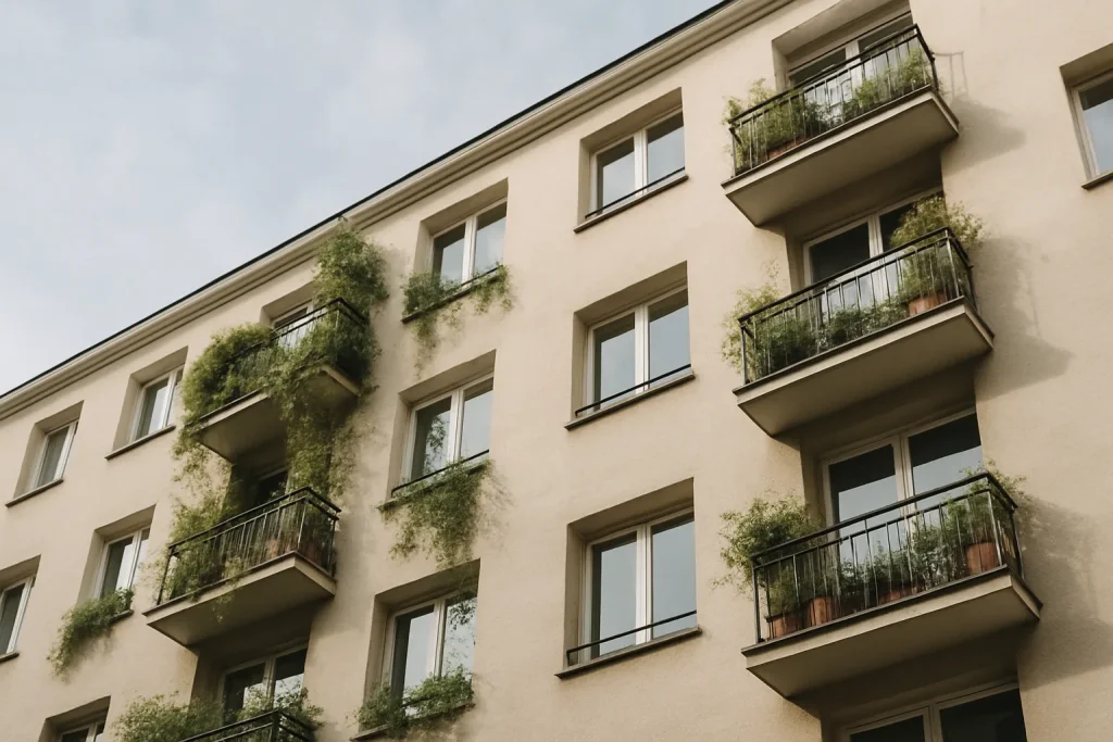 Façade d'immeuble avec fenêtres et balcons envahis de plantes, vue de jour