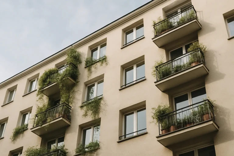 Façade d'immeuble avec fenêtres et balcons envahis de plantes, vue de jour