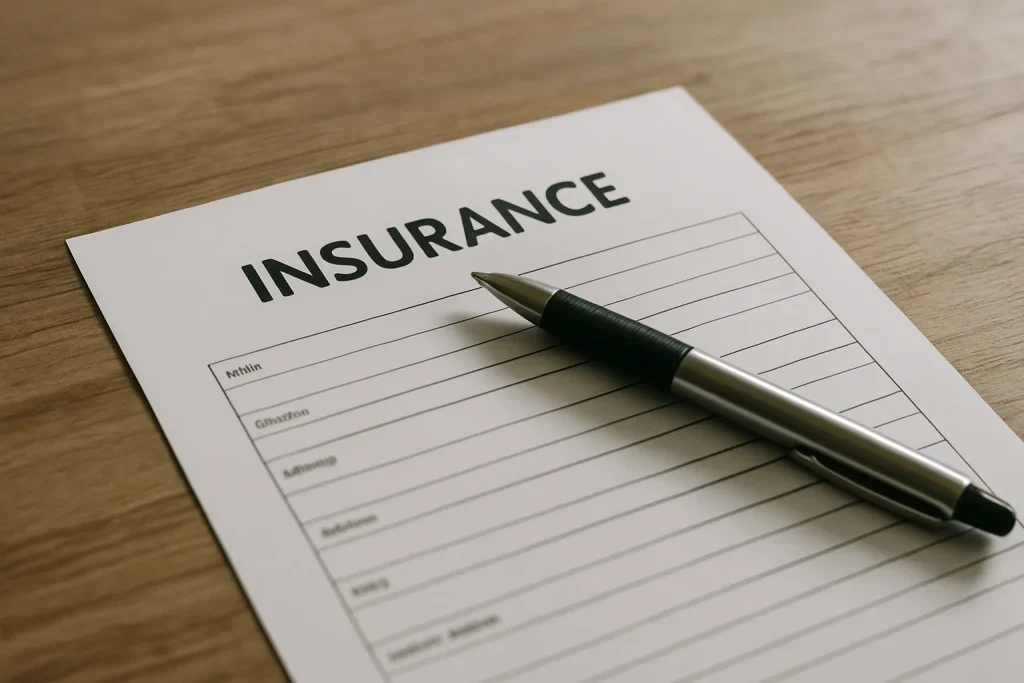 Stylo posé sur un formulaire d'assurance, éclairage naturel, table en bois