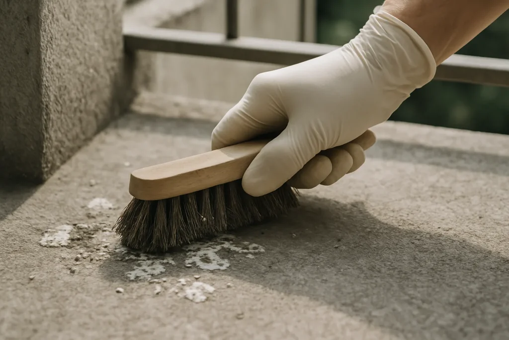 Main gantée nettoyant des fientes de pigeon sur un balcon en béton, éclairage naturel.