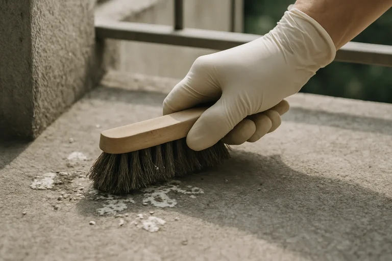 Main gantée nettoyant des fientes de pigeon sur un balcon en béton, éclairage naturel.